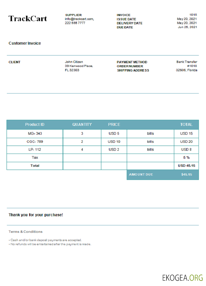 Facture TrackCart aux États , Unis